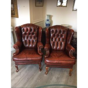 Pair Of Chesterfield Wingback Armchairs Year 70/80