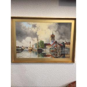 Gouache Painting View Of A Dutch Port Late 19th Early 20th Century  