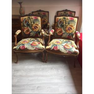 Suite Of 4 Armchairs With Flat Backs Louis XV Style Covered With Point Tapestries 