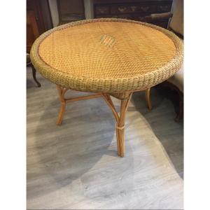 Large Round Table In Bamboo And Rattan Year 1960
