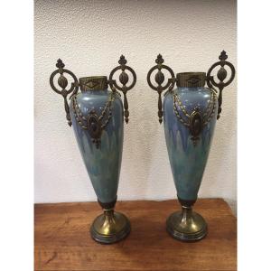 Beautiful Pair Of Ceramic Vases With Stylized Ar Deco Metal Frames 