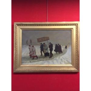 Large Oil Painting On Canvas (winter Procession) 19th Century 