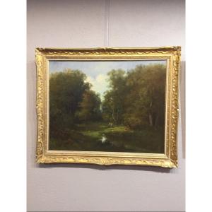 Painting Oil On Canvas Peasant Women In The Woods School Of Barbizon 
