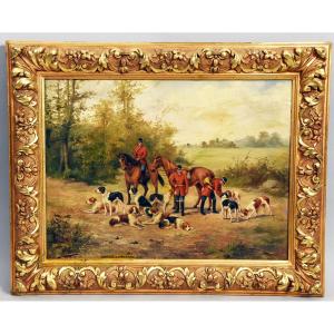 Tableau Huile sur toile  scène de chasse à courre signé 19 éme siècle 