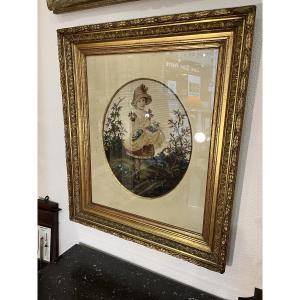 Petit Point Tapestry Depicting A Young Girl From The Napoleon III Era 