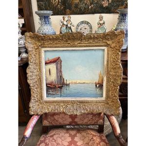 Oil Painting On Panel Depicting A View Of Venice. Signed. 
