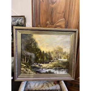 Tableau Huile sur toile «  les lavandières «  signé