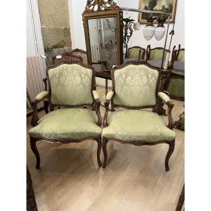 Pair Of Large Walnut Armchairs In The Louis XV Style