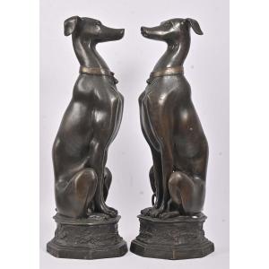 Large Bronze Sculptures Of A Pair Of Greyhounds