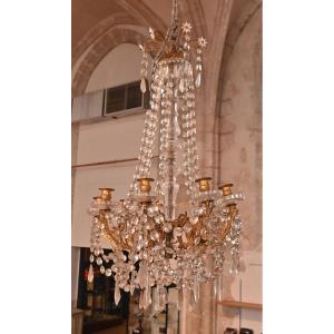 Lustre en bronze  doré  à Pampilles et Perles  19 éme siècle 