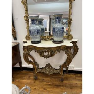 A Large Carved And Gilded Wooden Console Table In The Louis XV Style