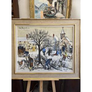 Tableau huile sur toile . Place de village l’hiver . Naif