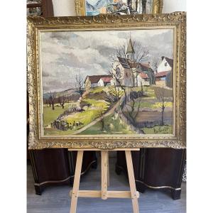 Tableau huile sur toile représentant « Saint Éloy les mines « signé Bougret
