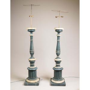 Large Pair Of Painted Wooden Candlesticks In The Louis XVI Style
