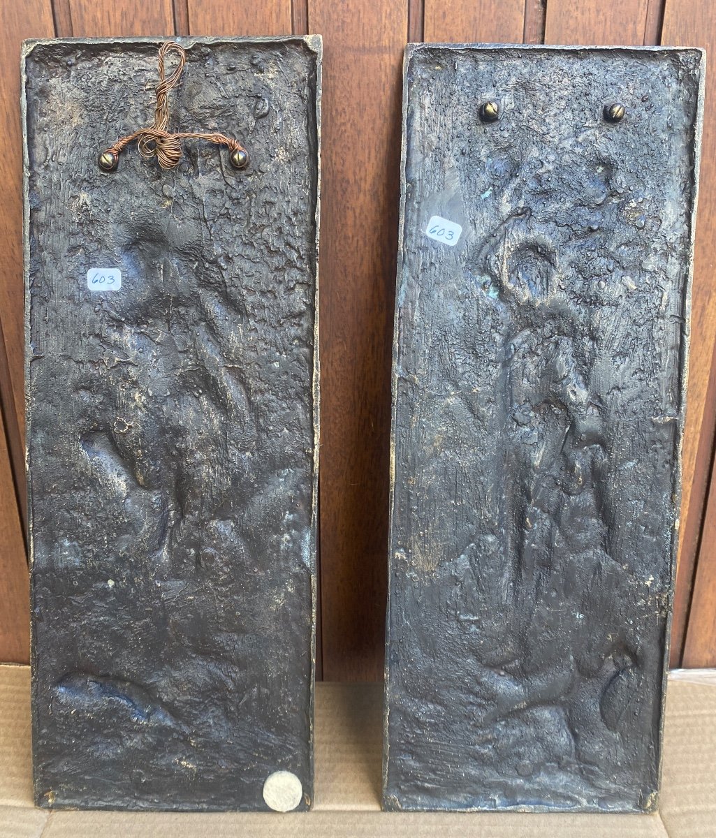 Paire De Plaques En Bronze De Bas Relief Signé F Duquesnoy 1892-photo-3