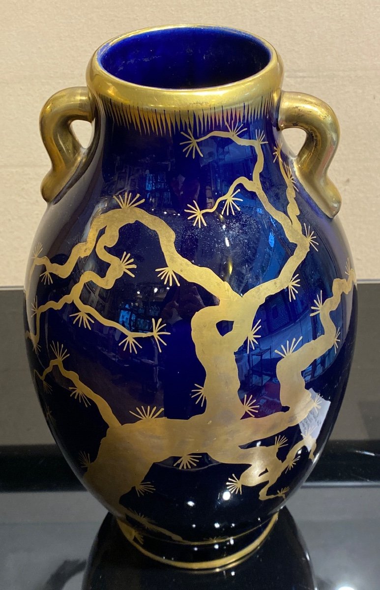 Large Ceramic Vase Signed Gustave Asch, 1900 Art Nouveau, Japanese: 33cm