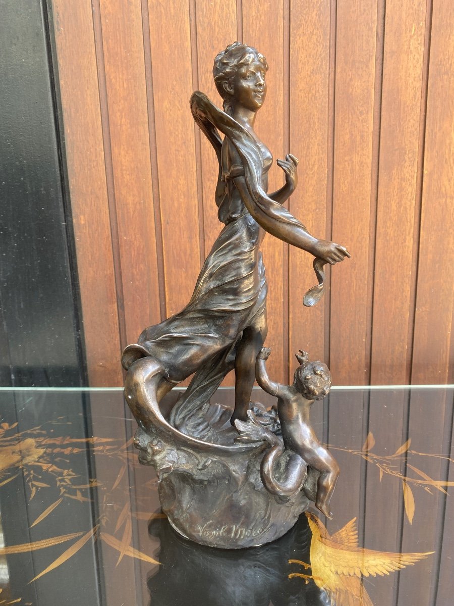 Grande Sculpture 1900 Art Nouveau En Bronze Signé Virgile Morey Intitulé Femme Enrubannée-photo-2
