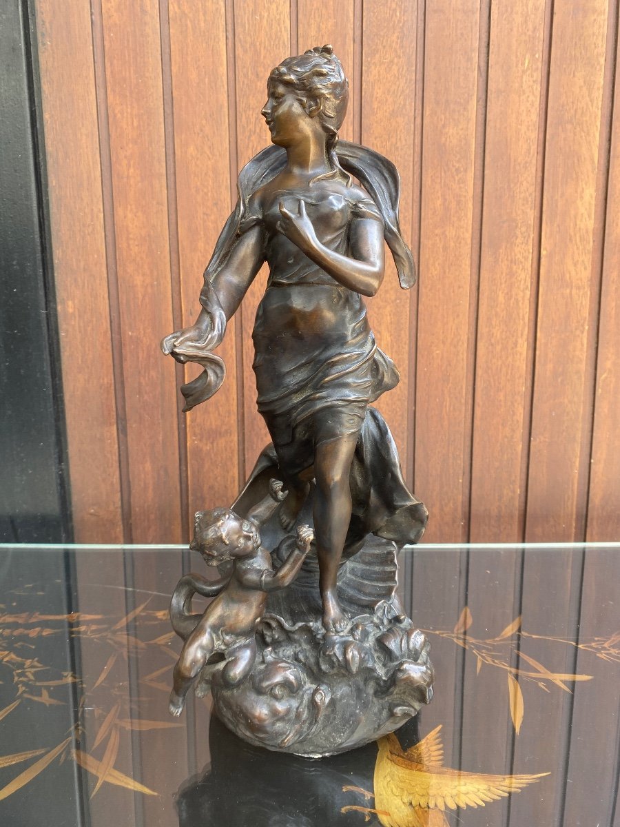 Grande Sculpture 1900 Art Nouveau En Bronze Signé Virgile Morey Intitulé Femme Enrubannée