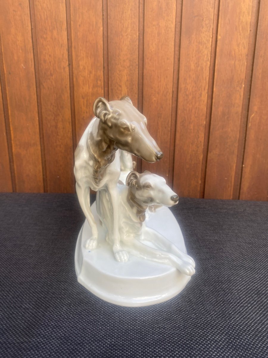 Porcelaine Sculpture  Of Borzoi Greyhound Dogs Signed Ofend-und Porzellanfabrik Ag, Meissen-photo-2