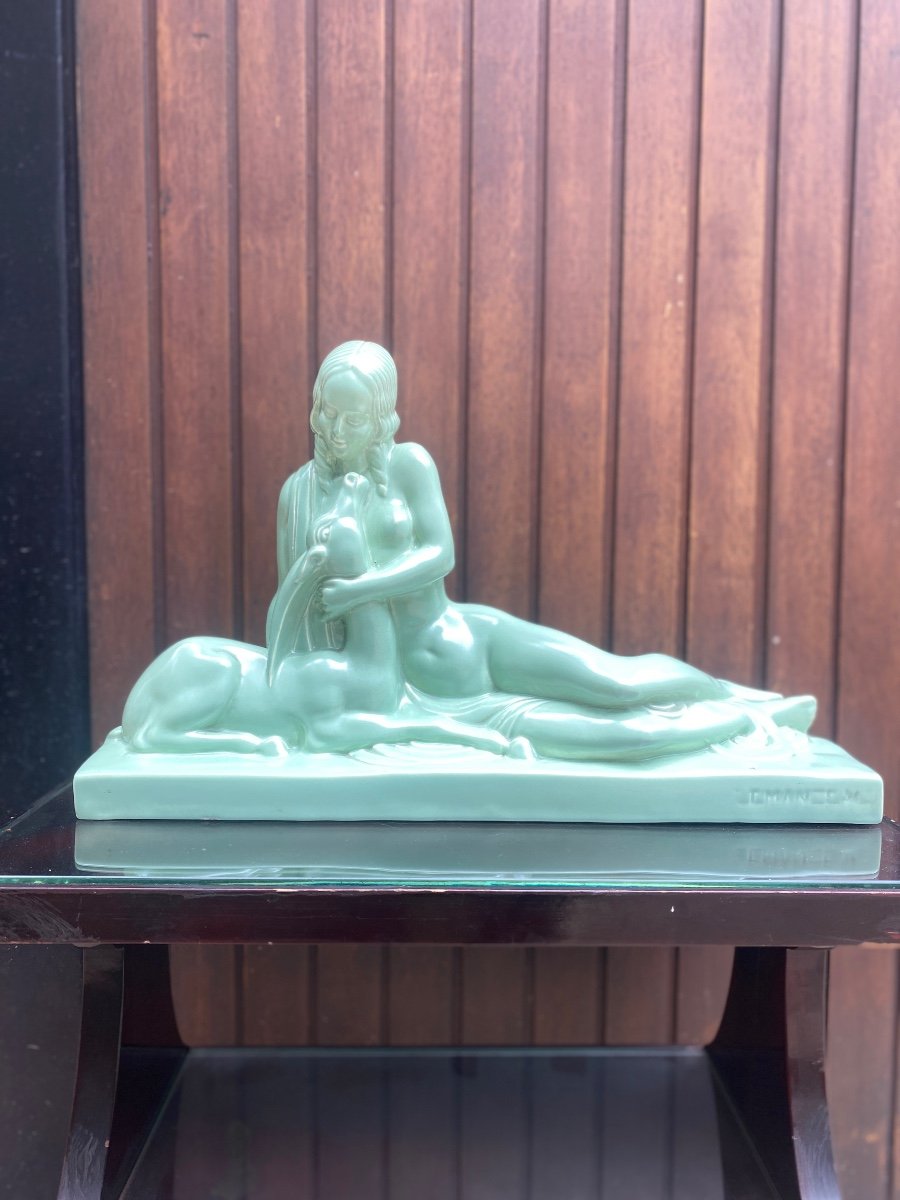 Sculpture En Faience Signé De Charles Lemanceau 1920 Art Déco Femme Nu Caressant Une Biche -photo-2