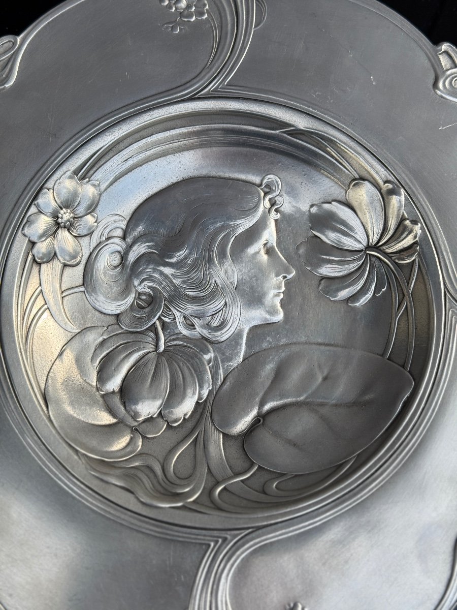 Plat / assiette en étain signé Achille Gamba Art Nouveau 1900-photo-2