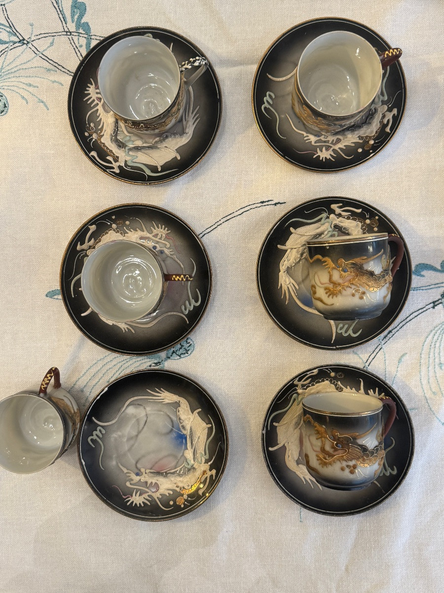 1950s Dragon Ware Embossed Coffee Set With Saucers Japanese Cup Base-photo-2