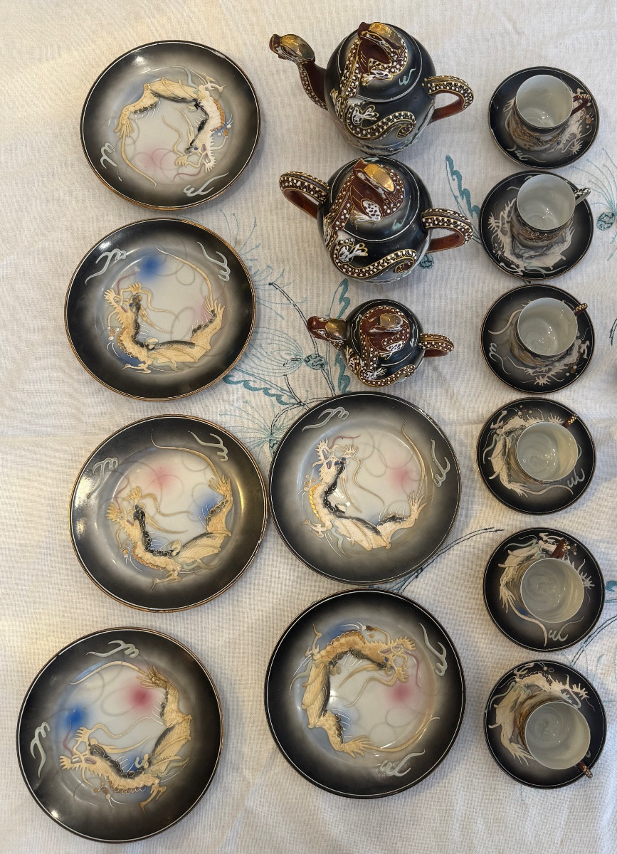 1950s Dragon Ware Embossed Coffee Set With Saucers Japanese Cup Base
