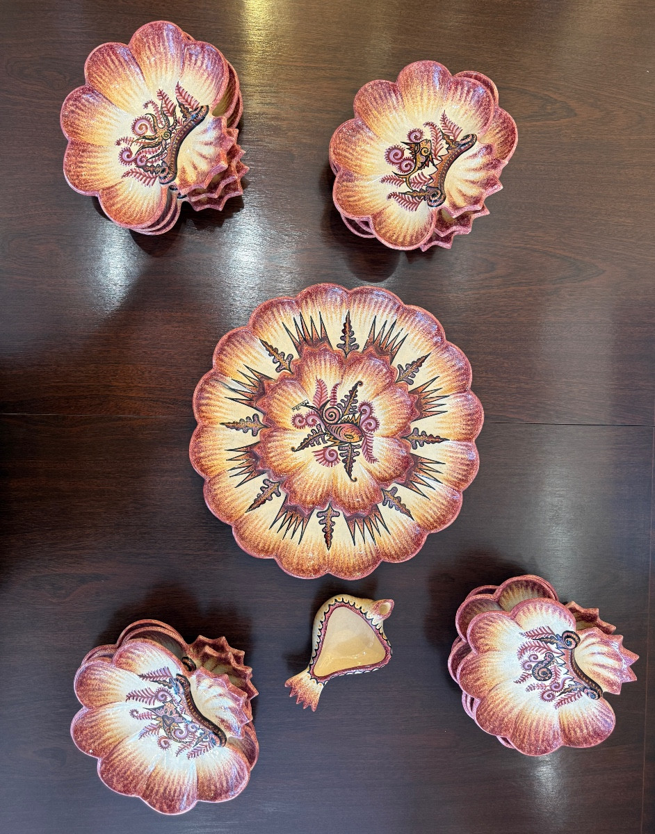 Oyster Service For 9 People Signed Paul Fouillen Quimper 1930 Art Deco Perfect Condition!!