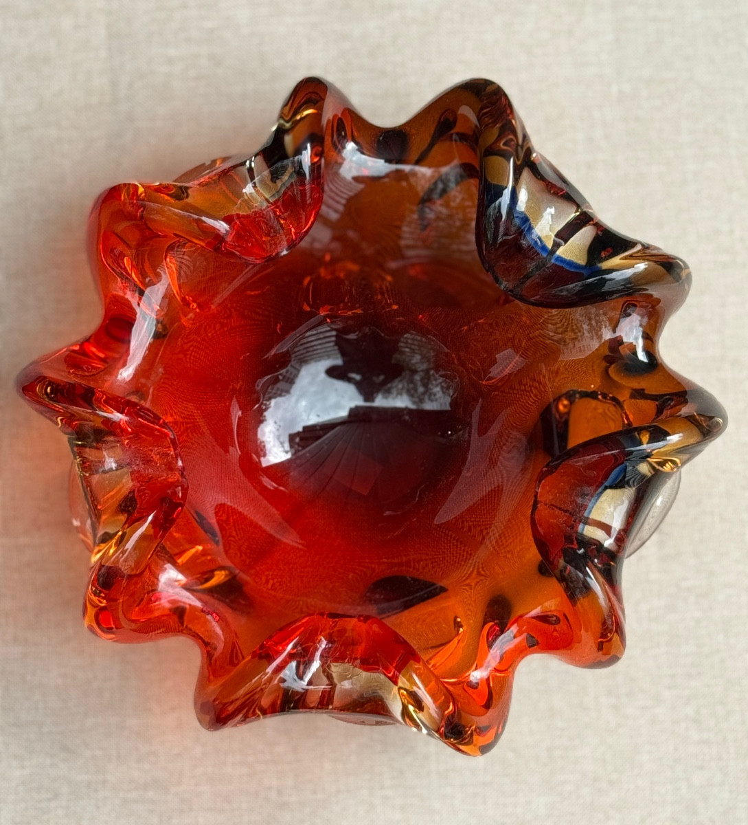 Murano Glass Empty Pocket Thick Red With Orange And Black Tone 50s