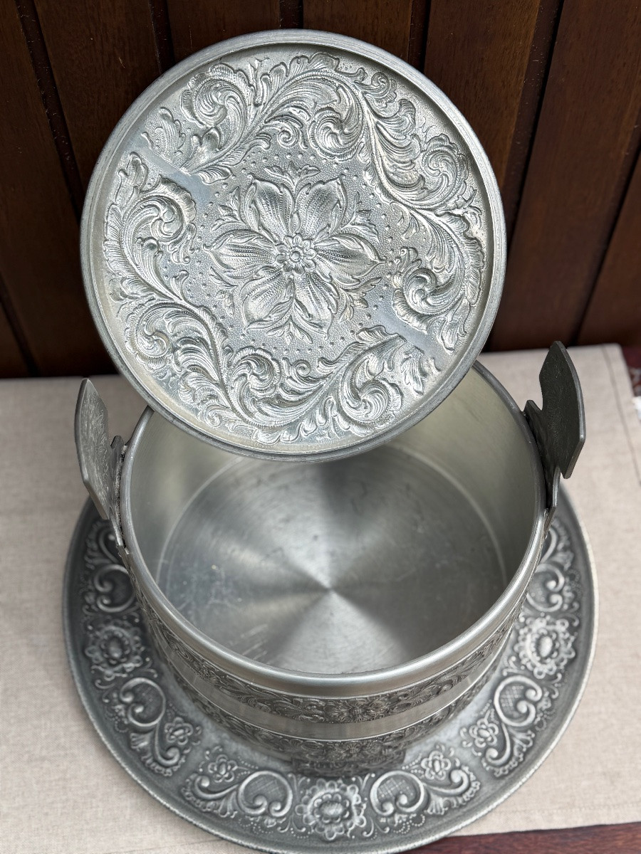 Pewter Pot With Large Saucer Signed Eik Norway Herdet Tinn 1970 Viking Style Decor-photo-4