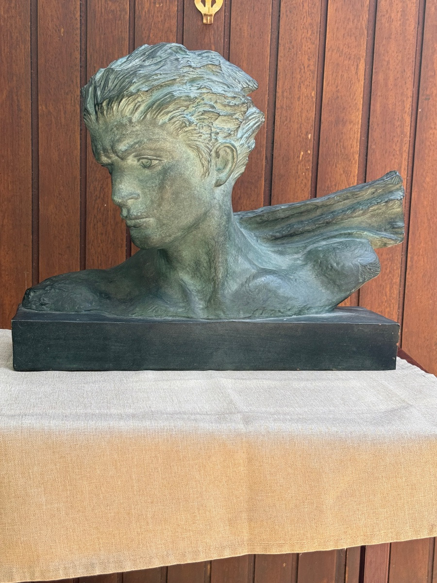 Art Deco Sculpture Signed H.  Gauthiot Of The Bust Of Jean Mermoz In Terracotta  Bronze Patina -photo-1