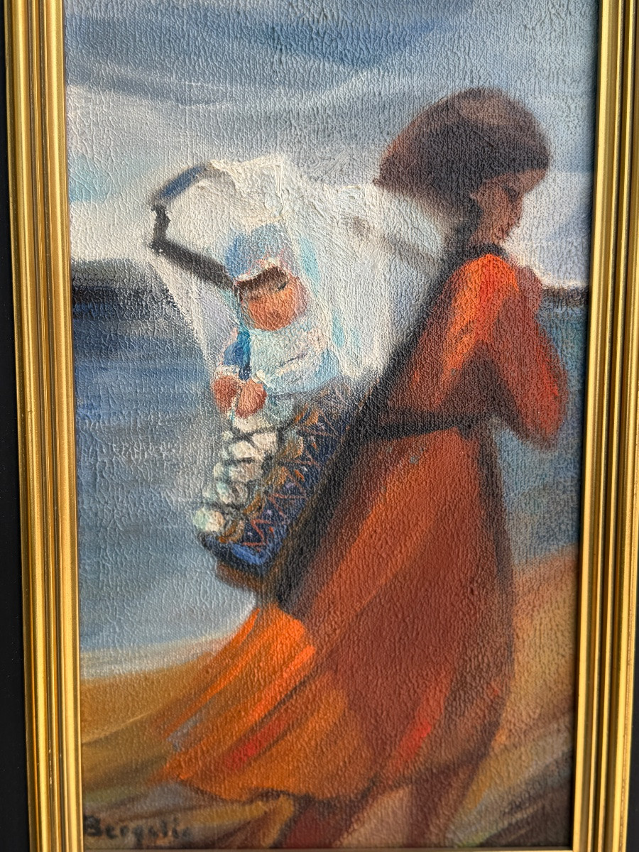 Tableau huile sur toile signé Eliane Bergelin 1969 intitulé "Squaw et Papoose " néo cubisme -photo-2