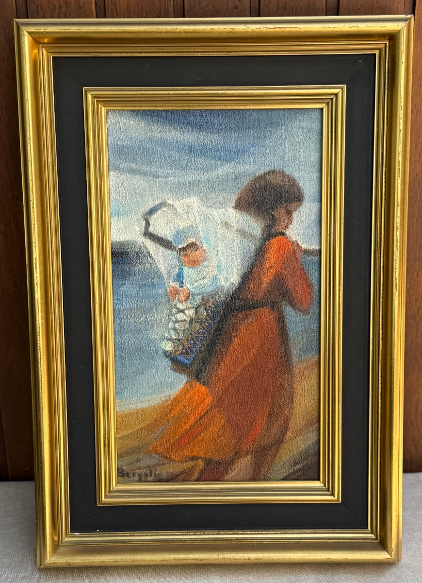 Tableau huile sur toile signé Eliane Bergelin 1969 intitulé "Squaw et Papoose " néo cubisme 