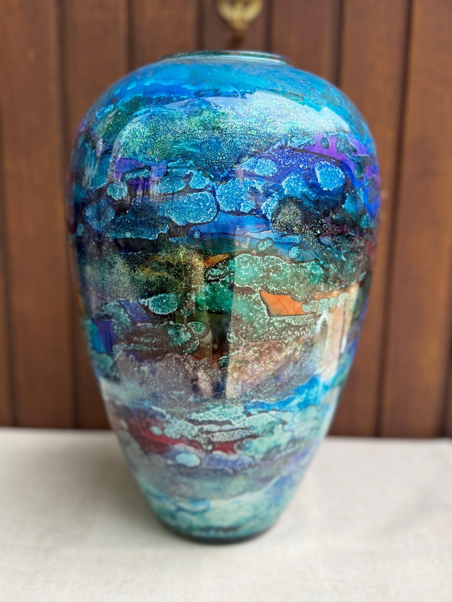 grand vase signé Jean Noel Bouillet Atelier d'art Cremieux vase en verre-photo-1