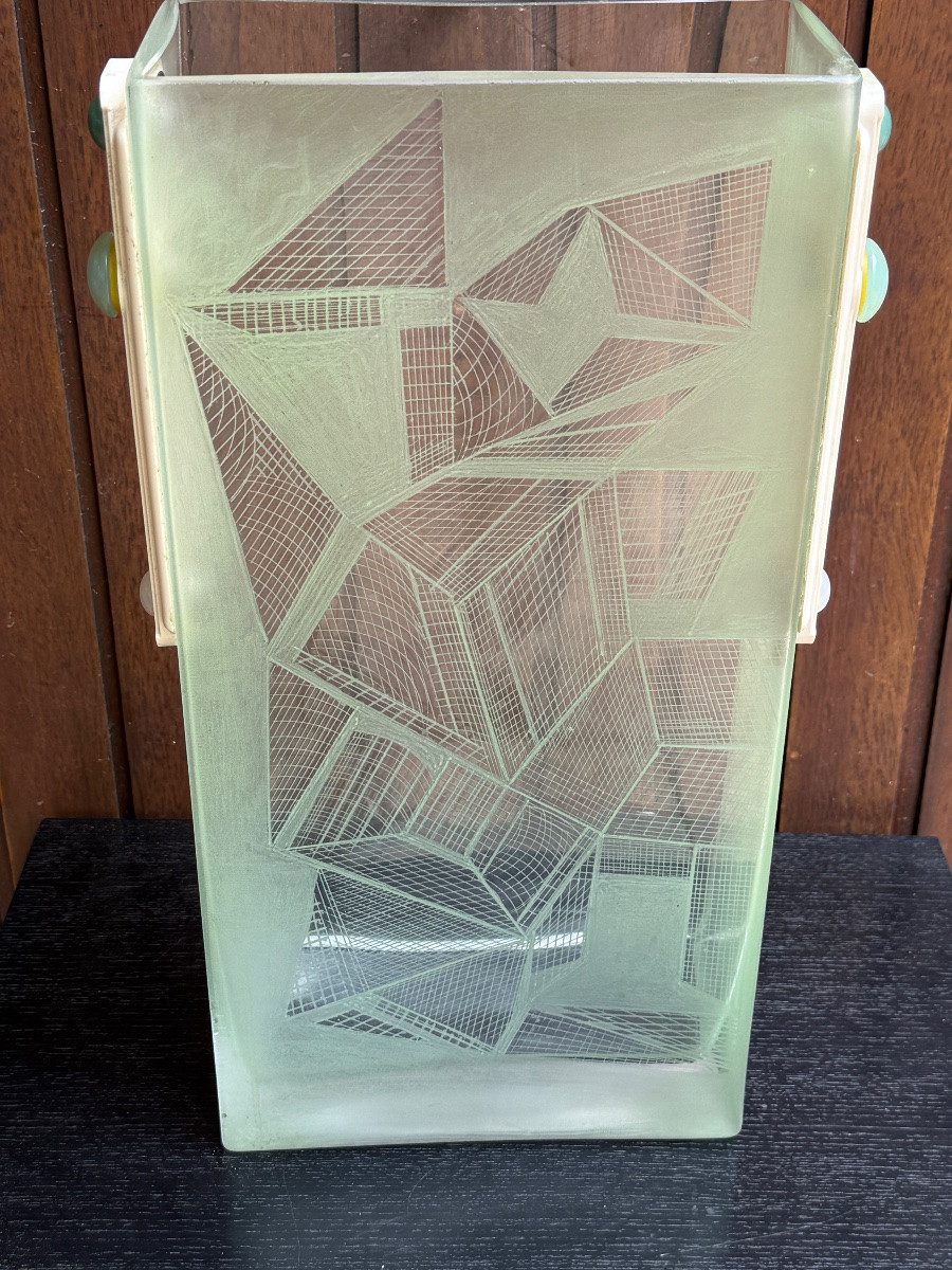 Grande vase futuriste signé Anatole Riecke 1939 Paris en verre Pièce unique gravé à l'acide-photo-1