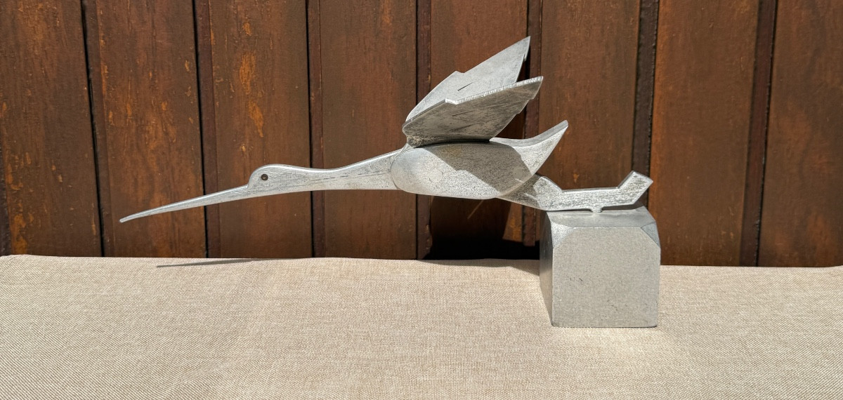 Stork Radiator Mascot Matte Silver Metal Art Deco 1930