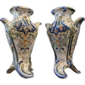 Lareg Vases Desvres, Signed Jules Verlingue, 1900 Art Nouveau