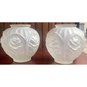 Pair Molded Glass Ball Vases 1930 Art Deco Rose Pattern