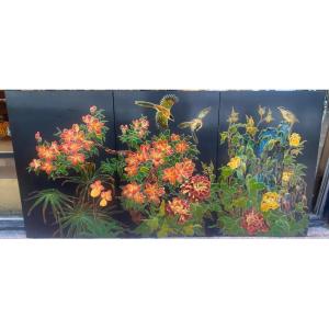 Three Large Vintage Plates (triptych) Enamelled With Birds And Flowers From The 80s