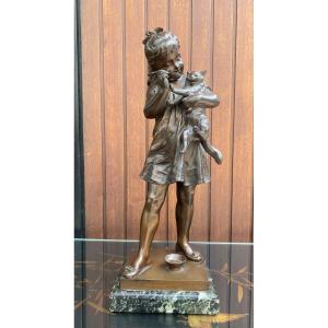 Bronze Sculpture Girl With Cat Signed Bouret