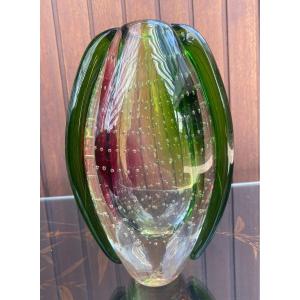 Glass Vase Signed Rosenthal 1970 Entitled Dew Drop Color Green Red And Transparent 