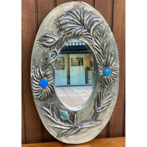 Handmade Mirror Signed J Flament Pewter Leaves