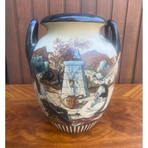 Large Ciboure Pottery Vase Signed Richard Le Coronne Which Depicts Peasants At La Fontaine