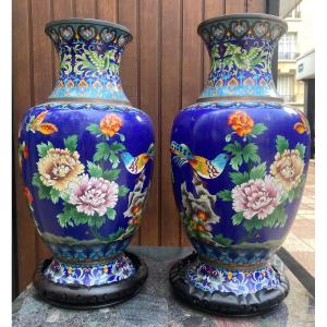 Huge Pair Of Chinese Cloisonnée Vase 1910 In Perfect Condition