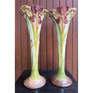 Paire de grand vases en céramique signé Delphin Nassier Vallauris AM 1900 Art Nouveau