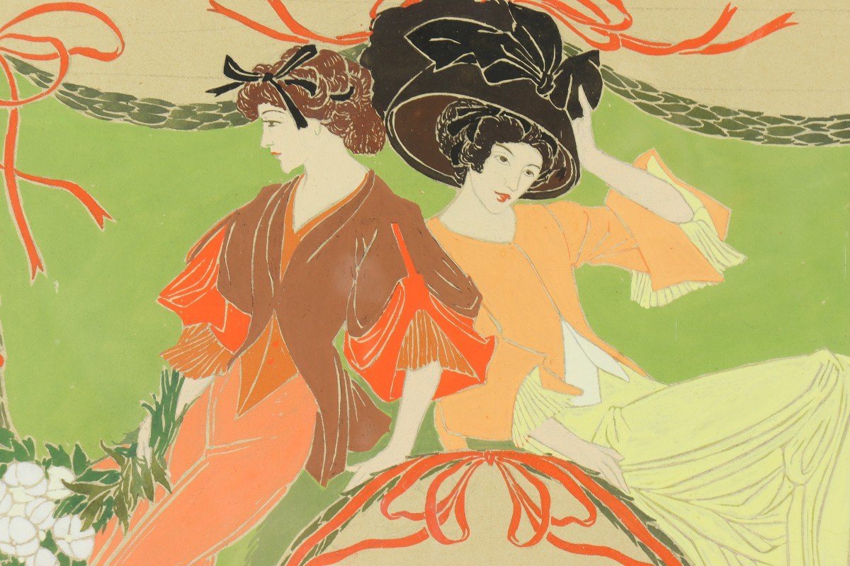 Deux élégantes, Gouache Par Georges De Feure-photo-5