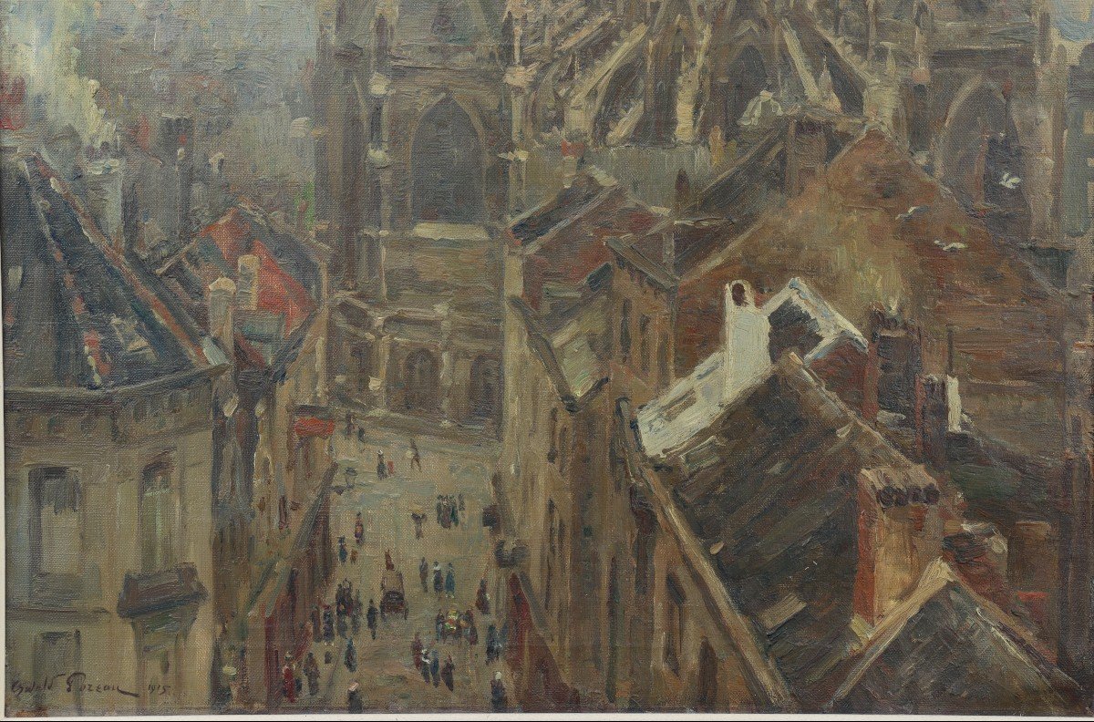 The Roofs Over The City, Oil On Canvas By Oswald Poreau-photo-3
