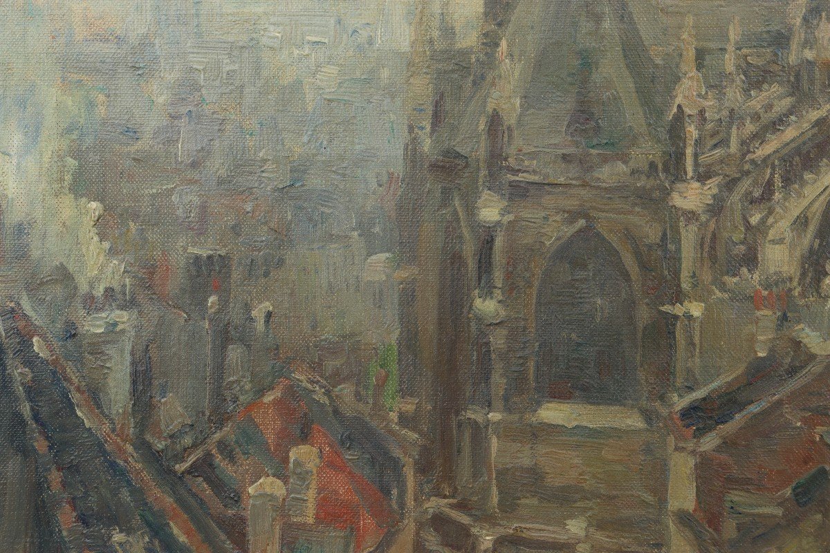 The Roofs Over The City, Oil On Canvas By Oswald Poreau-photo-1
