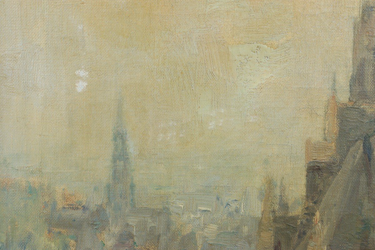 The Roofs Over The City, Oil On Canvas By Oswald Poreau-photo-4