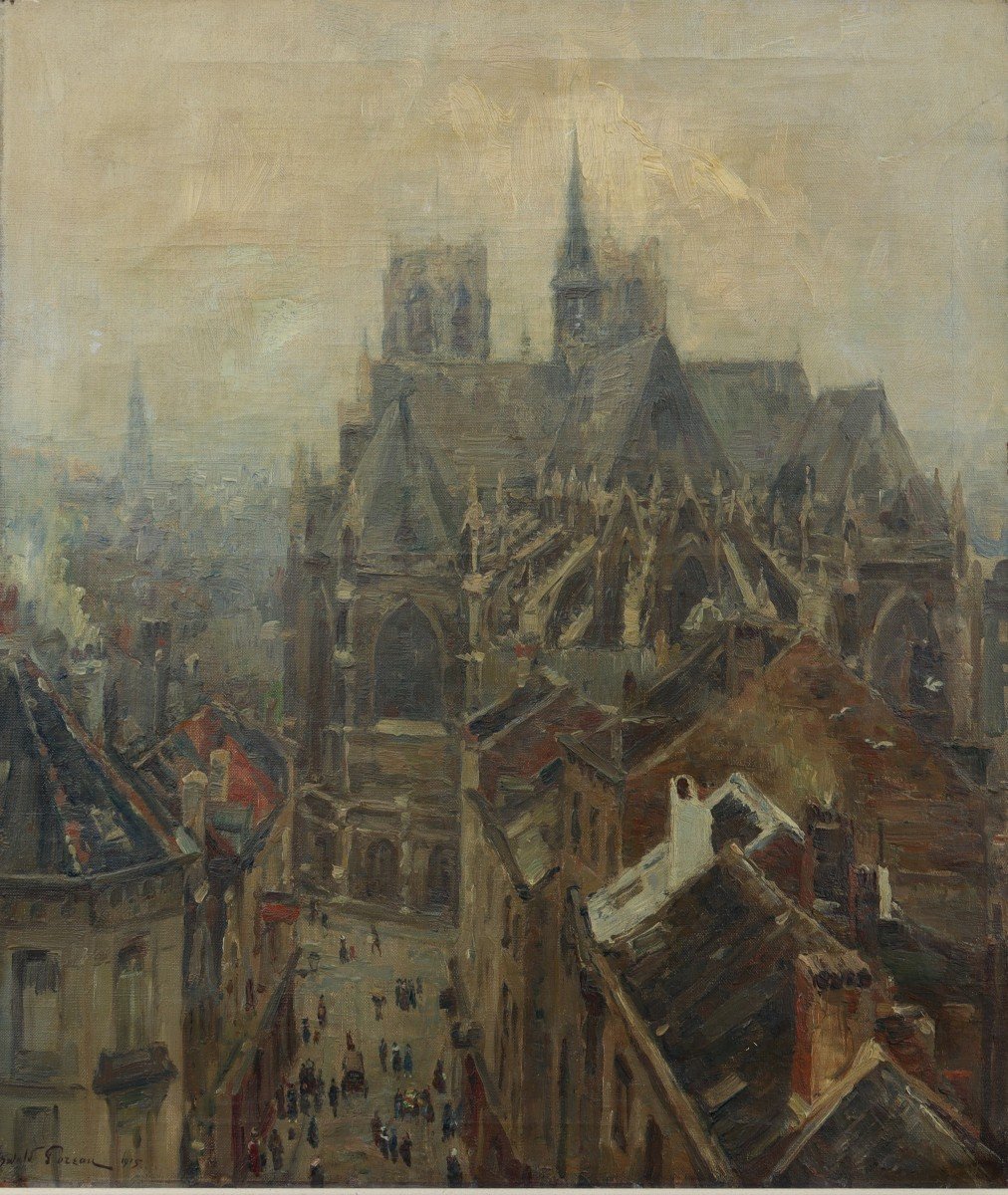The Roofs Over The City, Oil On Canvas By Oswald Poreau